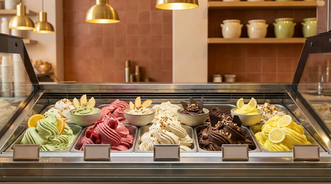 Waffel mit drei Kugeln hausgemachtem Gelato in der Sonne