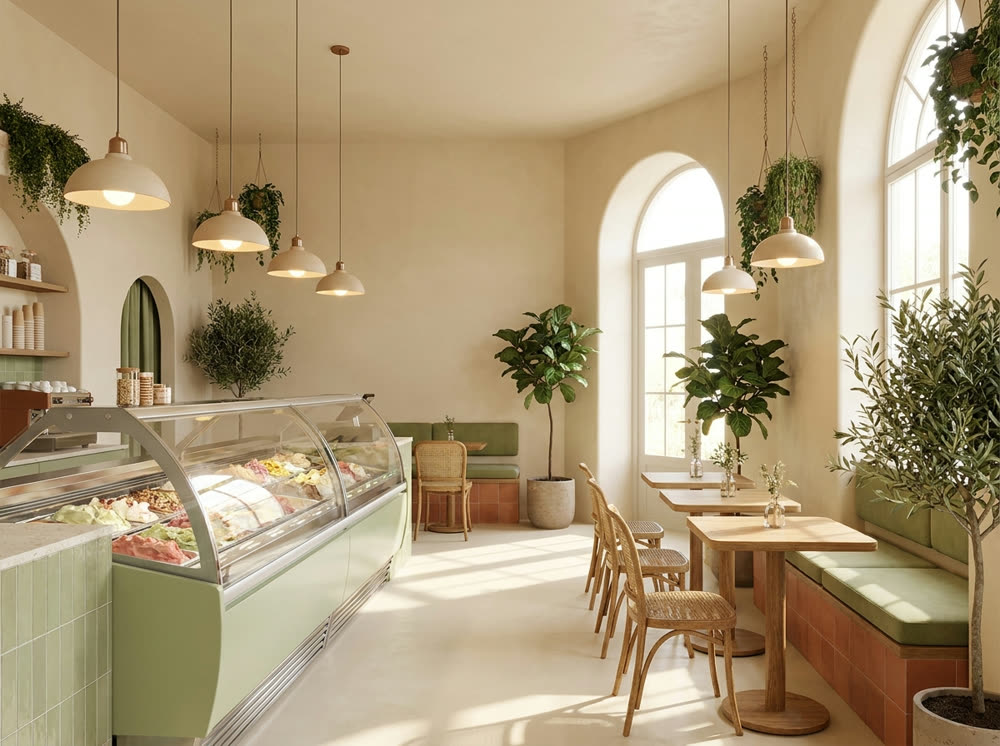Innenraum des Eiscafés Bellagio in Velbert mit Wand-Schriftzug